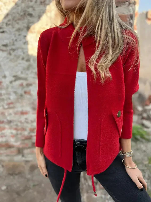 Loose Casual Simple Zipper Woolen Coat Red - Shop at LoveMi