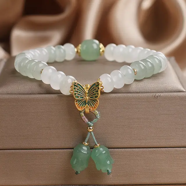 Tian Shan Cui Abacus Beads Jade Bracelet Retro Butterfly Tassel Green - Shop at LoveMi