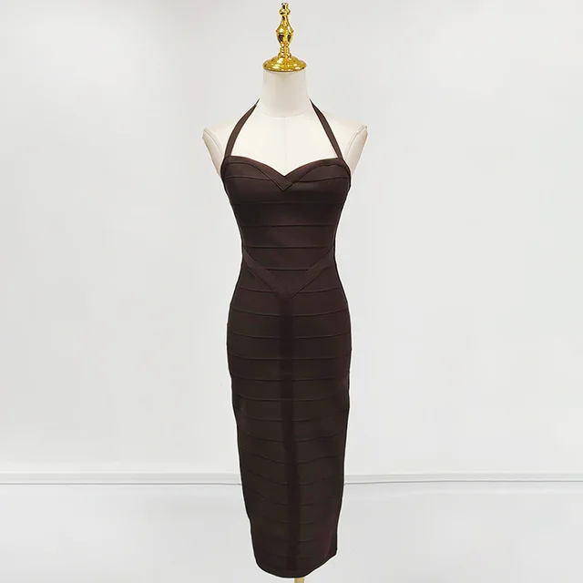 Sexy Slim Fit Slit High Elastic Spaghetti Straps Knitted Hip Skirt Brown - Shop at LoveMi