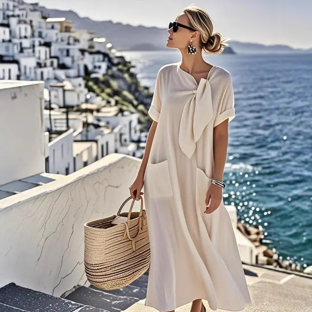 Elegant Short Sleeve Bow Pocket Wide Hem Loose Long Dress Beige - Shop at LoveMi