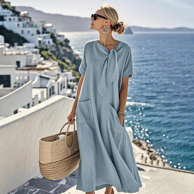 Elegant Short Sleeve Bow Pocket Wide Hem Loose Long Dress Light Blue - Shop at LoveMi