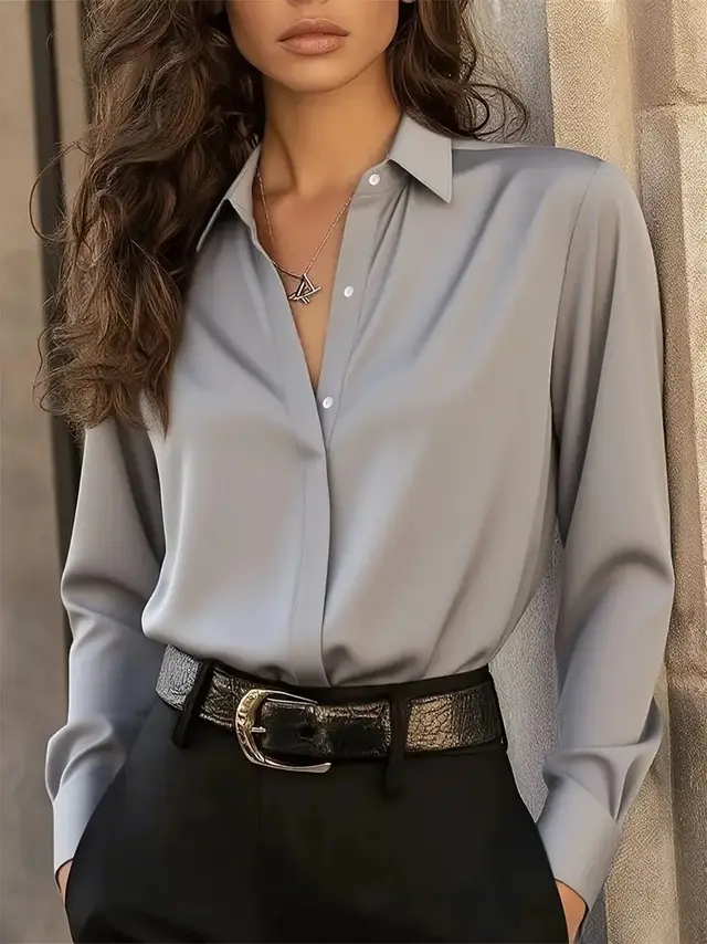 Navy Plain Silk Long Sleeve Shirt Silver Gray - Shop at LoveMi