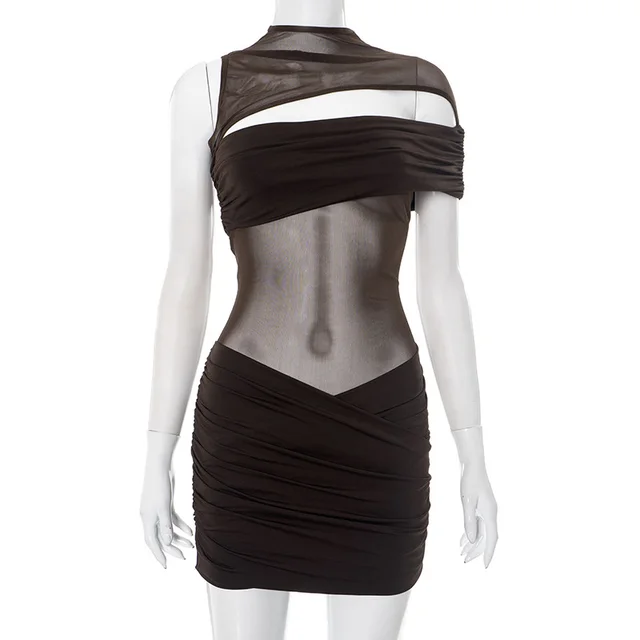 Round Neck Pullover Sexy Cutout Waist Sheath Dress Brown - Shop at LoveMi
