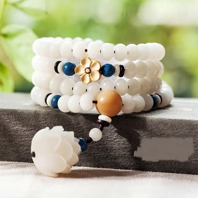White Jade Bodhi Beads Long Bracelet Peach Lotus Style - Shop at LoveMi