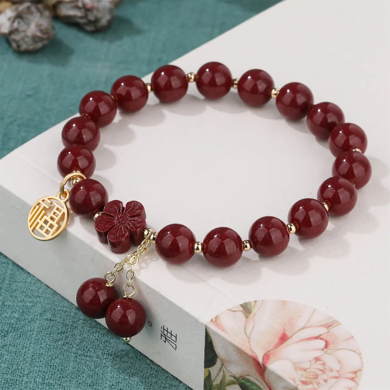 Retro Simple Women's High-content Purple Gold Sand Fu Character Peach Blossom Tassel Bracelet - Fu Character Peach Blossom