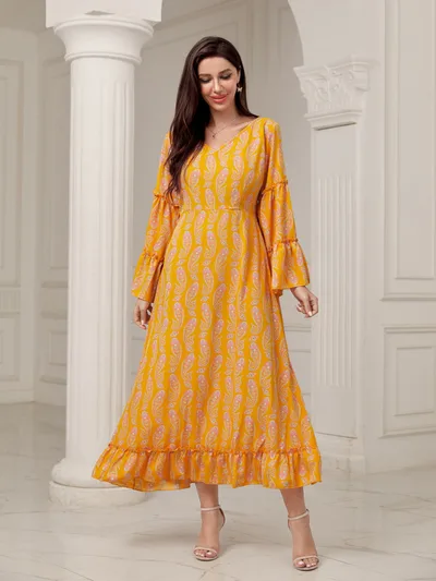 Elegant Digital Printing Plus Size Dress Yellow - Shop at LoveMi