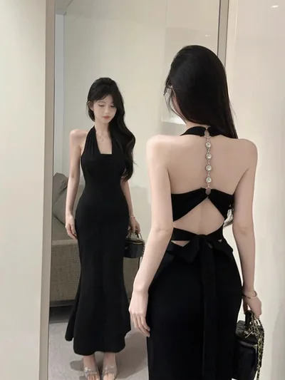Chic And Beautiful Halter Strap Backless Sling Dress Black Chest Pad - Shop at LoveMi