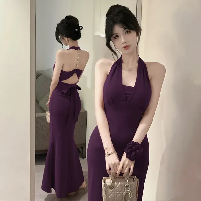 Chic And Beautiful Halter Strap Backless Sling Dress Purple Chest Pad - Shop at LoveMi