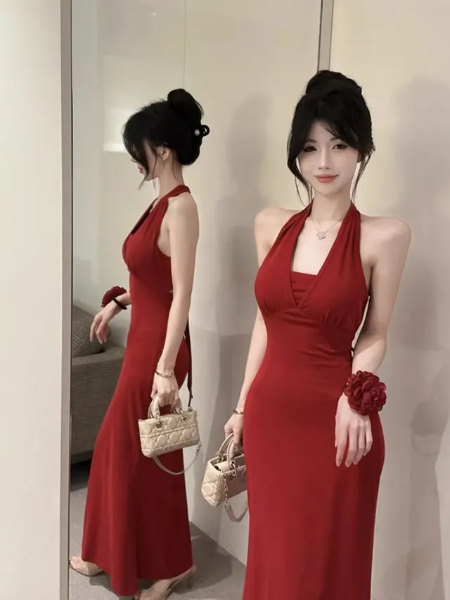 Chic And Beautiful Halter Strap Backless Sling Dress Red Chest Pad - Shop at LoveMi