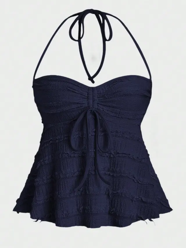 Women's Solid Color Casual Irregular Lace Up Halterneck Vest Dark Blue - Shop at LoveMi