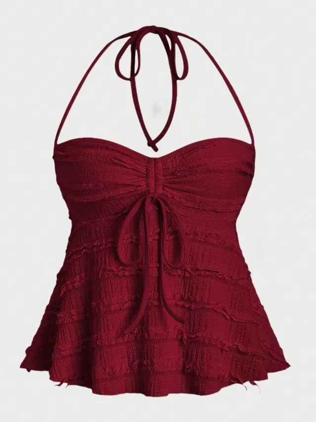Women's Solid Color Casual Irregular Lace Up Halterneck Vest Dark Red - Shop at LoveMi