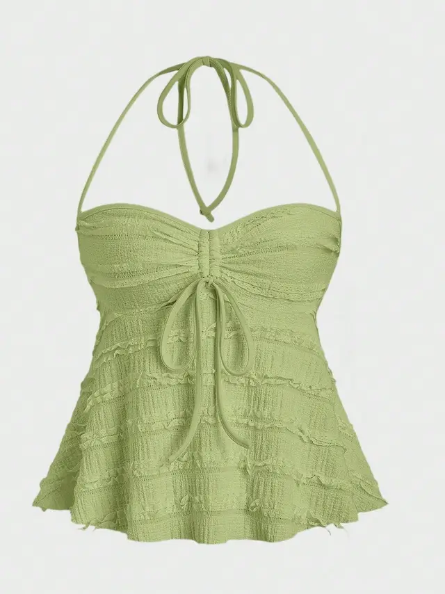 Women's Solid Color Casual Irregular Lace Up Halterneck Vest Green - Shop at LoveMi