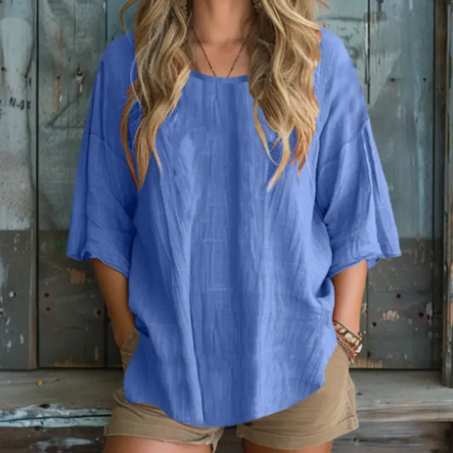 Solid Color Basic Cotton Linen T shirt Blue - Shop at LoveMi