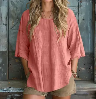 Solid Color Basic Cotton Linen T-shirt - Coral