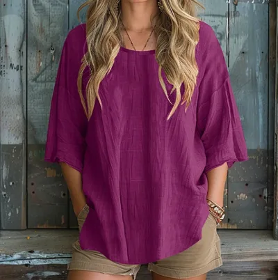 Solid Color Basic Cotton Linen T shirt Red - Shop at LoveMi