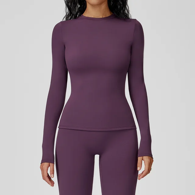 Round Neck Slim Fit Fitness Brushed Long Sleeve Yoga Clothes Sauce Purple - Shop at LoveMi