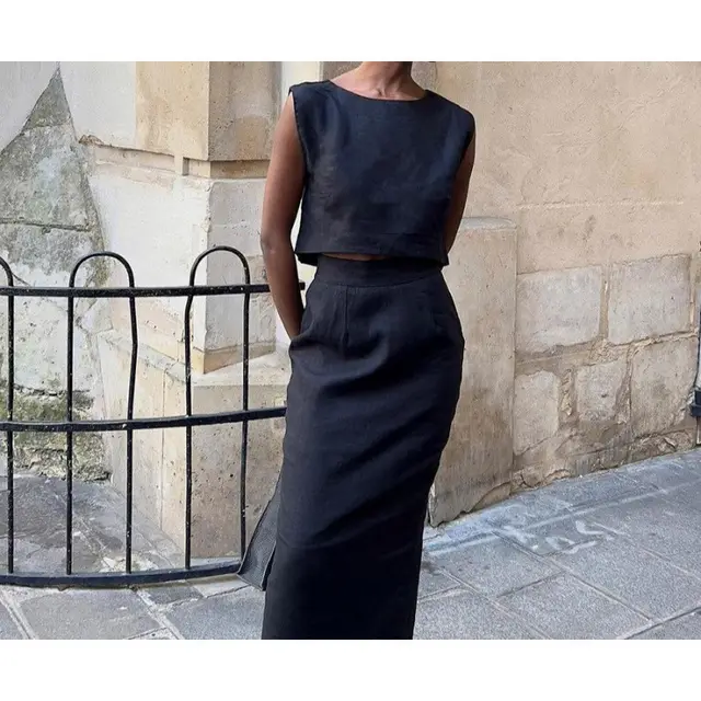 Cotton Linen Vest Skirt Women's Casual Suit Black - Shop at LoveMi