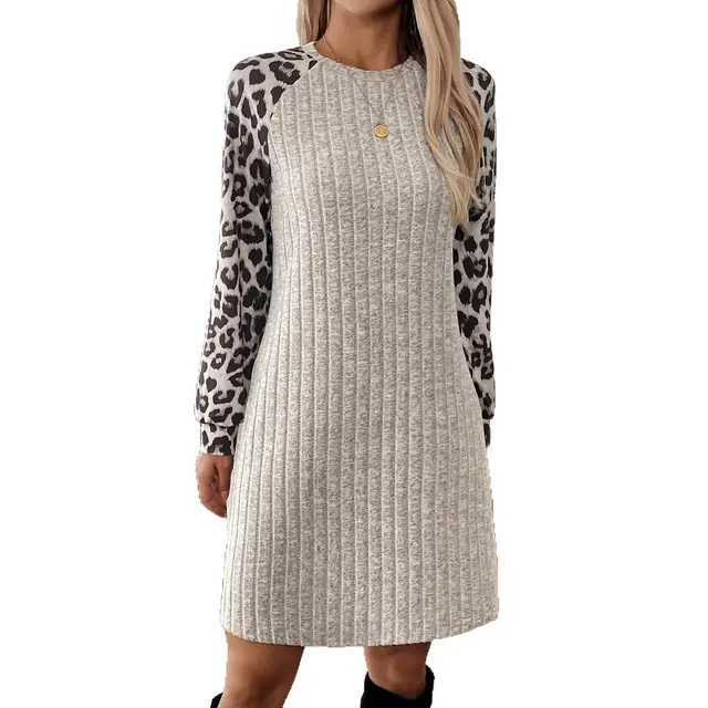 Women's Long Sleeve Leopard Splicing Tight Dress Melange Gray - Shop at LoveMi