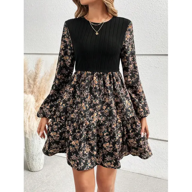 Women's Fashion Slim Round Neck Floral Long Sleeve Dress Black - Shop at LoveMi