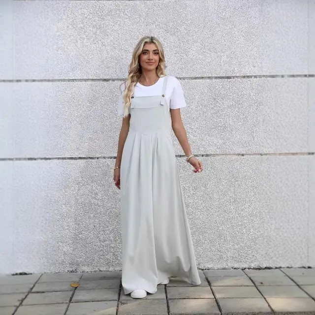 Comfort And Casual Design Waist Pleated Slimming Elegant One piece Suspender Dress Gray Grey - Shop at LoveMi