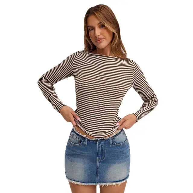 Women's Brown And White Stripes Square Collar Knitted Slim Fit Versatile Top Dark Brown - Shop at LoveMi