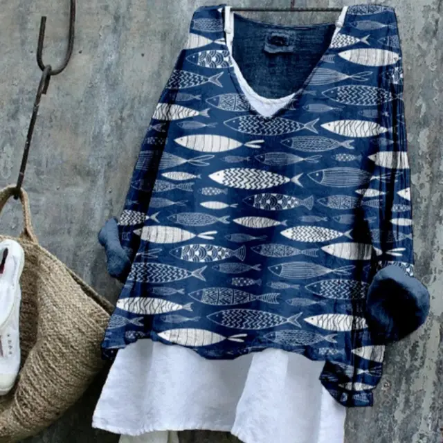 Women's Vintage Fish Art Pattern Linen Blend Flowy Blouse Blue - Shop at LoveMi
