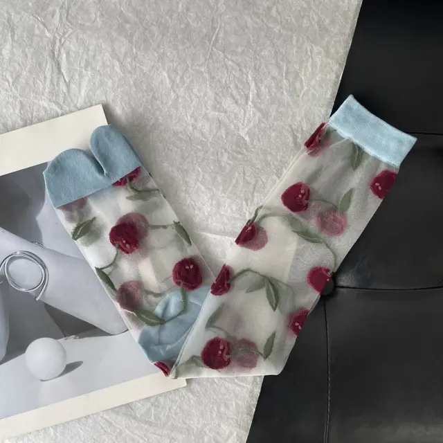 Cherry Jacquard Summer Cute Wild Thin Socks Stockings Long Blue - Shop at LoveMi