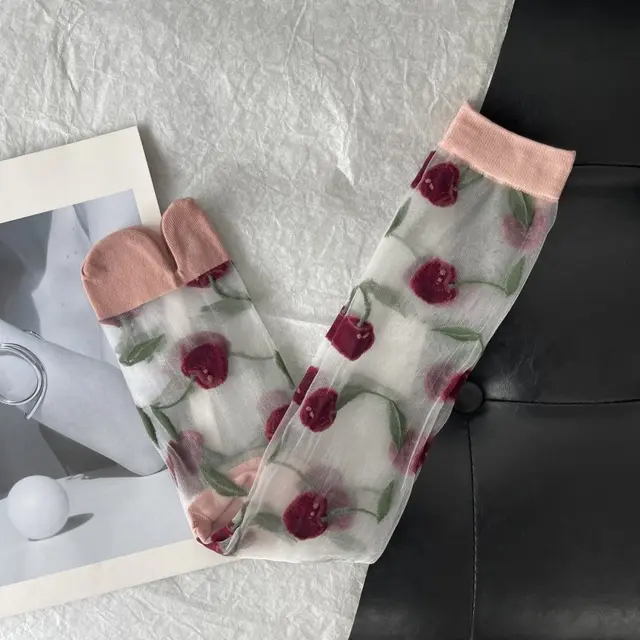 Cherry Jacquard Summer Cute Wild Thin Socks Stockings Long Pink - Shop at LoveMi