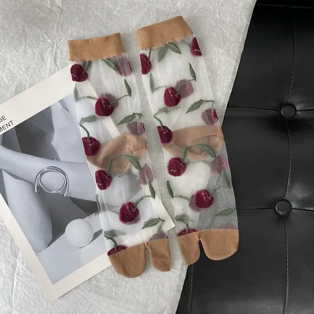 Cherry Jacquard Summer Cute Wild Thin Socks Stockings Short Khaki - Shop at LoveMi