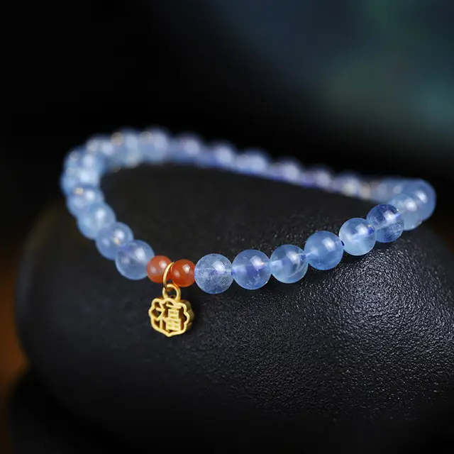 Natural Ice Transparent Aquamarine Simple Round Beads Blessing Card Bracelet Ice Translucent 8Mm - Shop at LoveMi