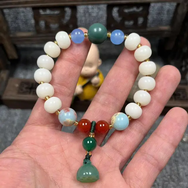 Pumpkin Lotus Beads White Jade Bodhi Bracelet Apple Orchard Style - Shop at LoveMi