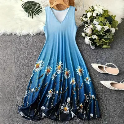 Fashion Printed Sleeveless Vest Dress Sky Blue - Shop at LoveMi