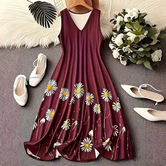 Fashion Printed Sleeveless Vest Dress Wine Red - Shop at LoveMi
