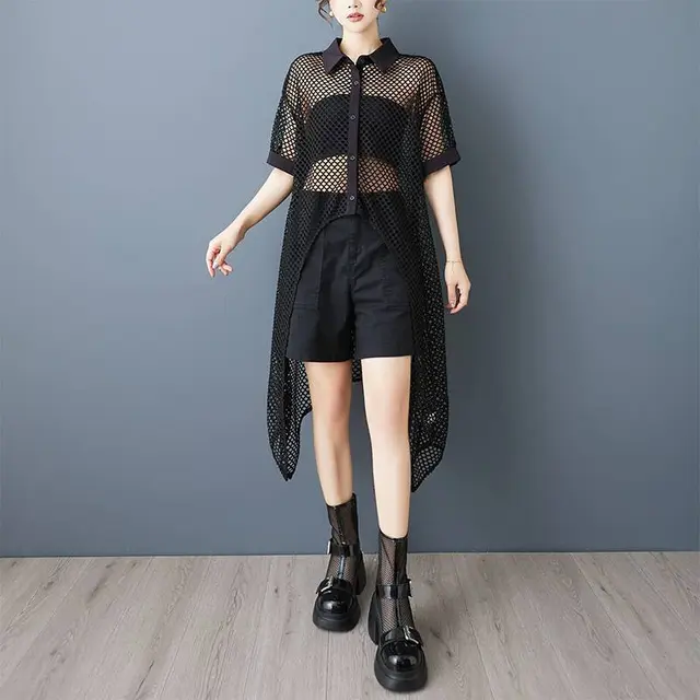 Niche Design Front Short Back Long Mesh Shirt See through Hollow Dress Black - Shop at LoveMi