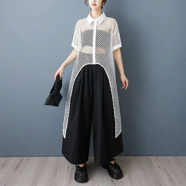 Niche Design Front Short Back Long Mesh Shirt See through Hollow Dress White - Shop at LoveMi