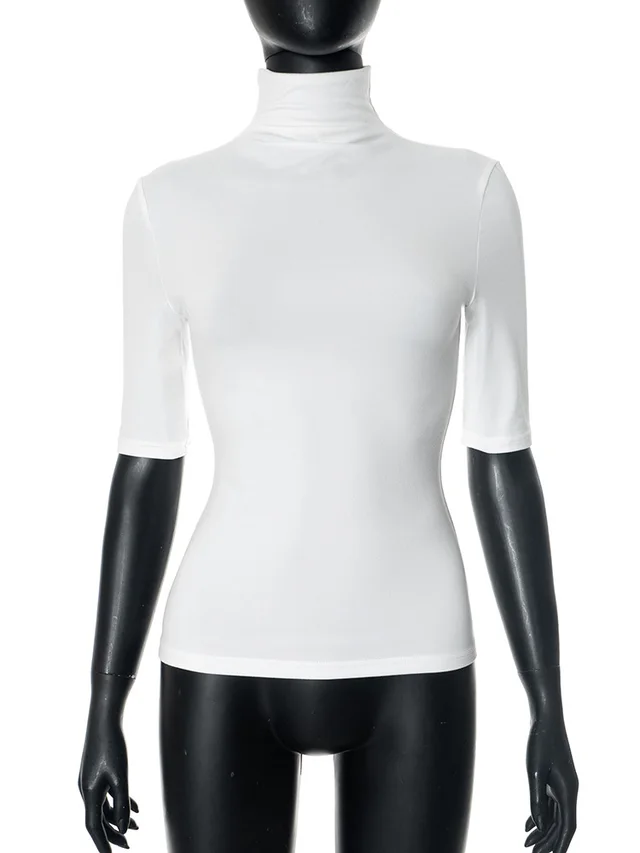 Women's Solid Color Turtleneck Half Sleeve Close fitting And Slim fitting Top White - Shop at LoveMi