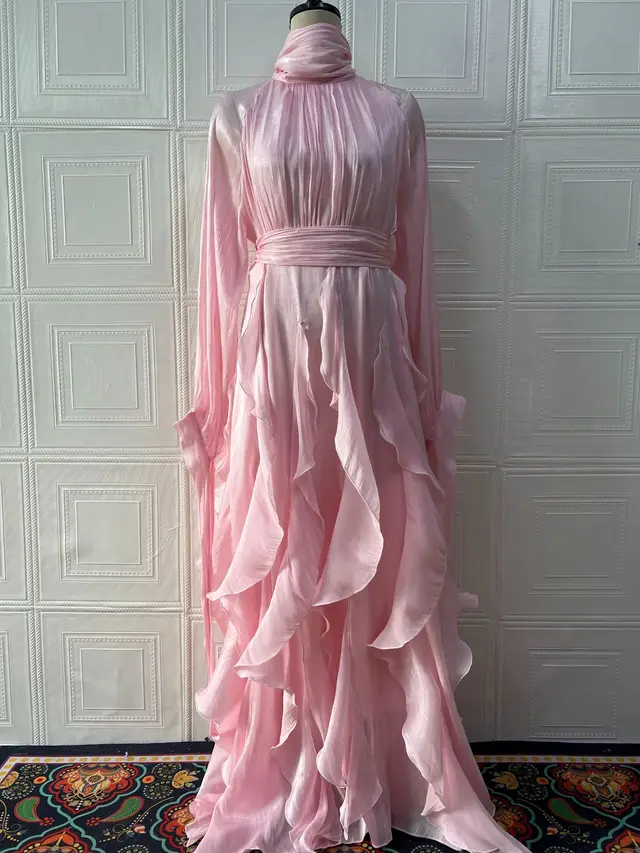 Elegant Pleated Ruffled Slim Fit Dress Pink - Shop at LoveMi