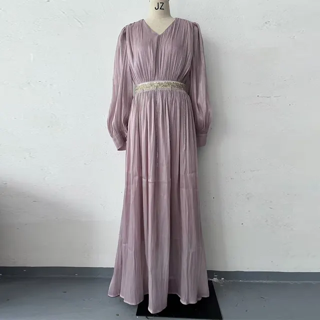 Fashion V neck Pleated Tulle Long Sleeve Big Hem Dress Leather Pink - Shop at LoveMi