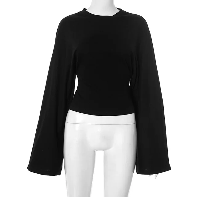 Solid Color Round Neck Shoulder Across Sleeve Waist tight Sexy Long sleeved Top Black - Shop at LoveMi