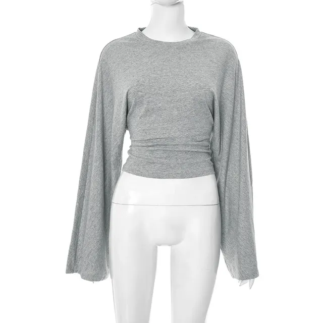 Solid Color Round Neck Shoulder Across Sleeve Waist tight Sexy Long sleeved Top Gray - Shop at LoveMi