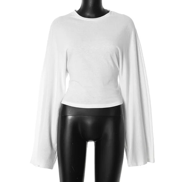 Solid Color Round Neck Shoulder Across Sleeve Waist tight Sexy Long sleeved Top White - Shop at LoveMi