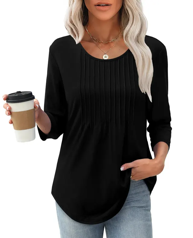 Women's Long Sleeve Top Fashion Casual Pleated Low Round Neck Black - Shop at LoveMi