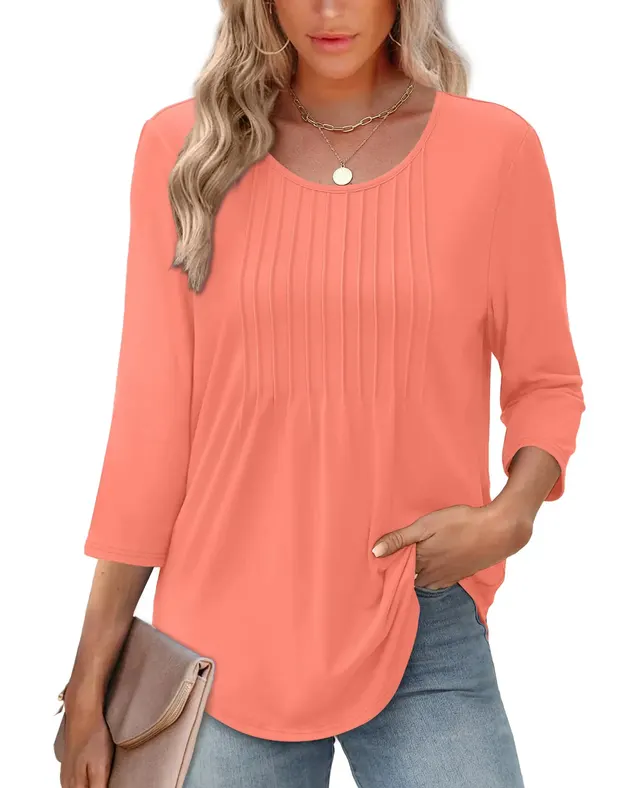 Women's Long Sleeve Top Fashion Casual Pleated Low Round Neck Coral Red - Shop at LoveMi