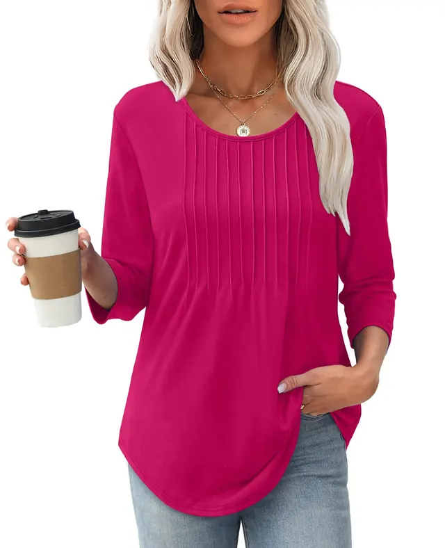 Women's Long Sleeve Top Fashion Casual Pleated Low Round Neck Rose Red - Shop at LoveMi