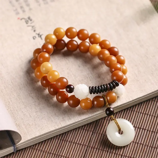 Weathering Yin Leather Green Bodhi Root Beads Bracelet Yellow - Shop at LoveMi