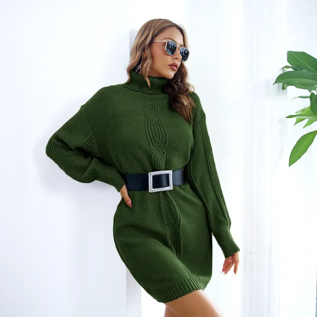 Turtleneck Twist Lantern Sleeve Base Sweater Dress Army Green - Shop at LoveMi