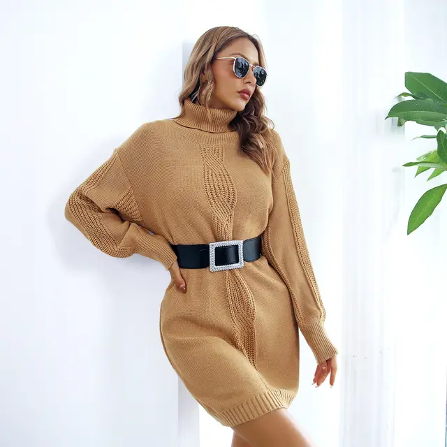 Turtleneck Twist Lantern Sleeve Base Sweater Dress Khaki - Shop at LoveMi