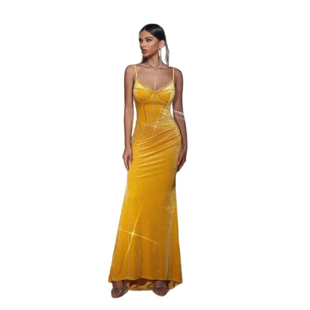 Sexy Slip Velvet Sequin Long Evening Dress N90092 Yellow - Shop at LoveMi