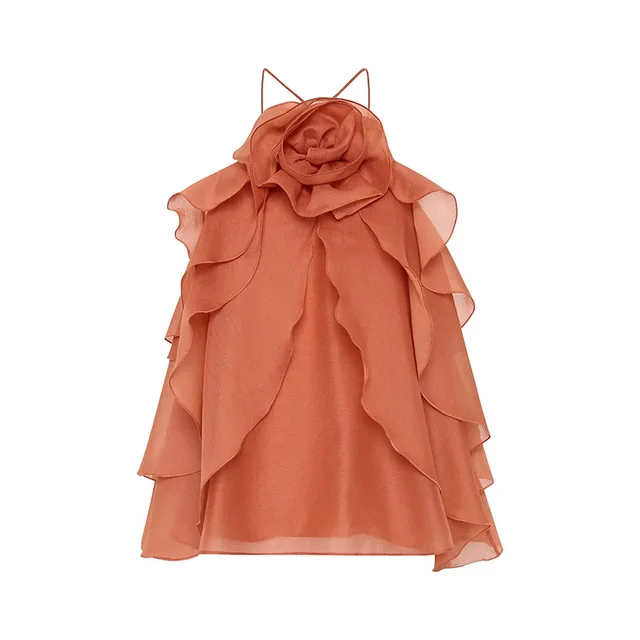 Ruffled Shirt Halter Design Sleeveless Camisole Orange - Shop at LoveMi