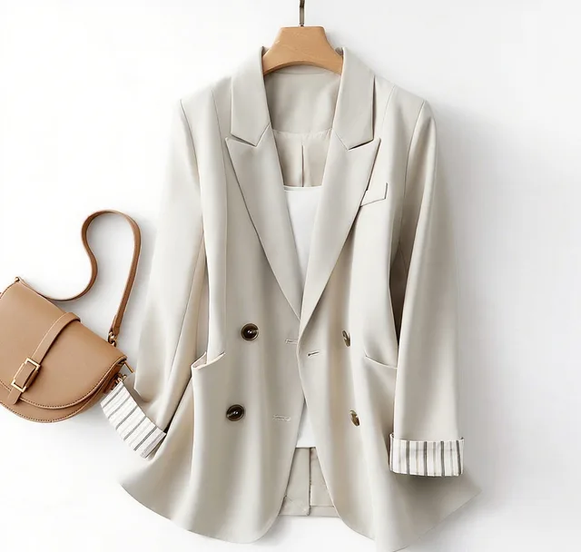 Solid Color Suit Coat Advanced Design Stripes Beige - Shop at LoveMi